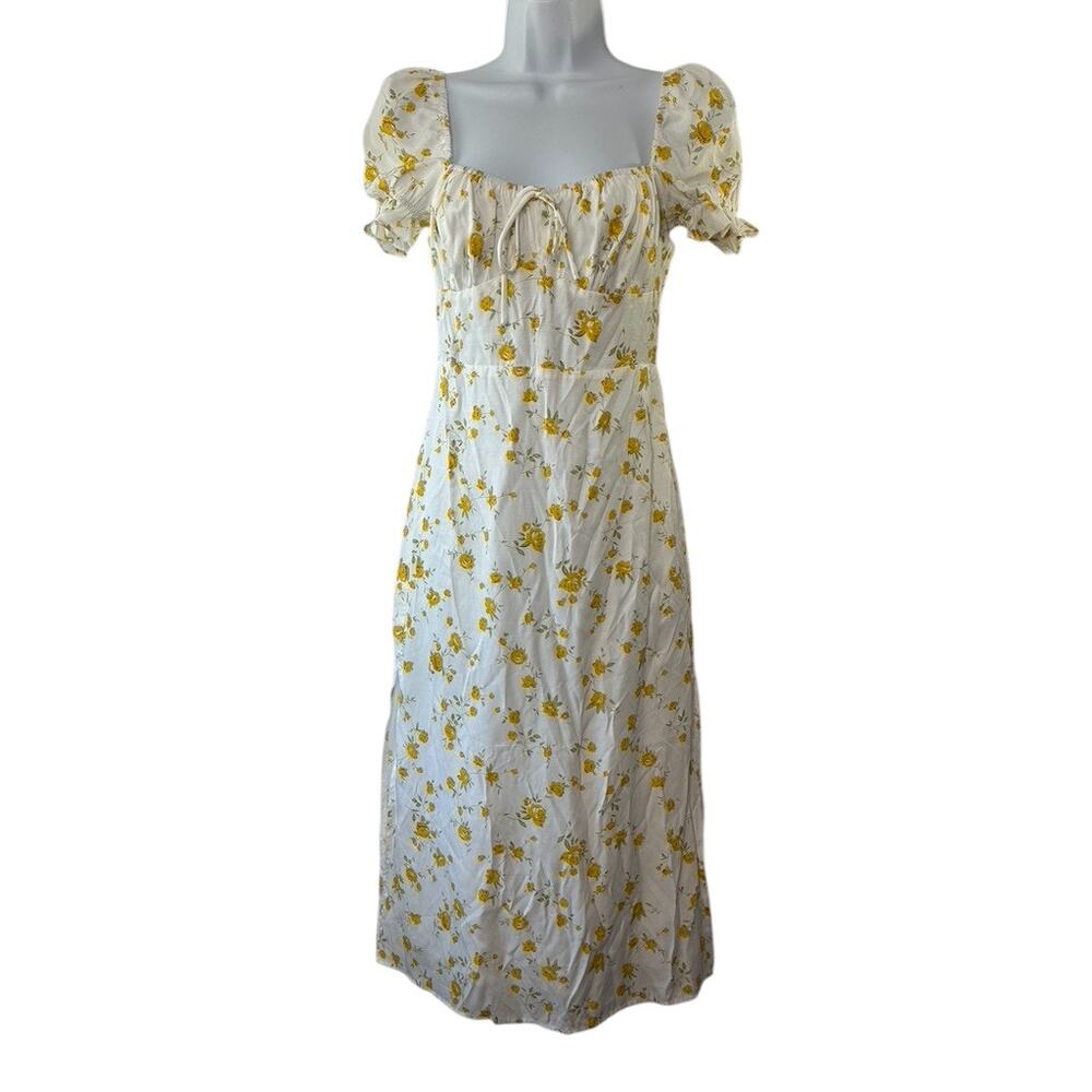 Sweet Pot White & Yellow Floral Midi Cottage Core Puff Sleeve Dress Size 2